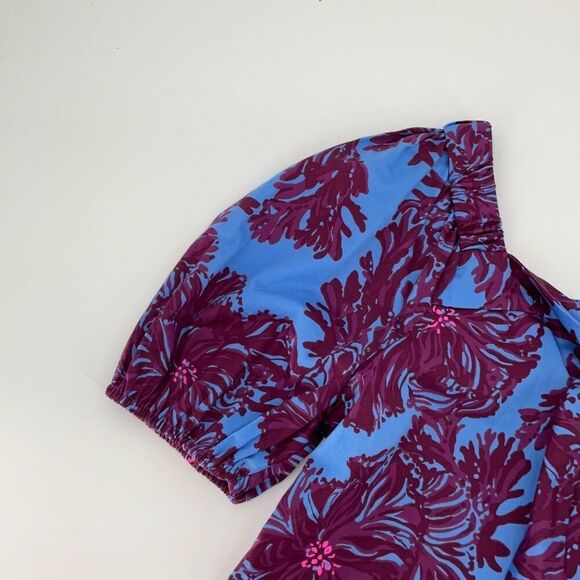 Lilly Pulitzer Blue Red Floral Tie Front Square Neck Short Sleeve Blouse Size 2 - Picture 5 of 8